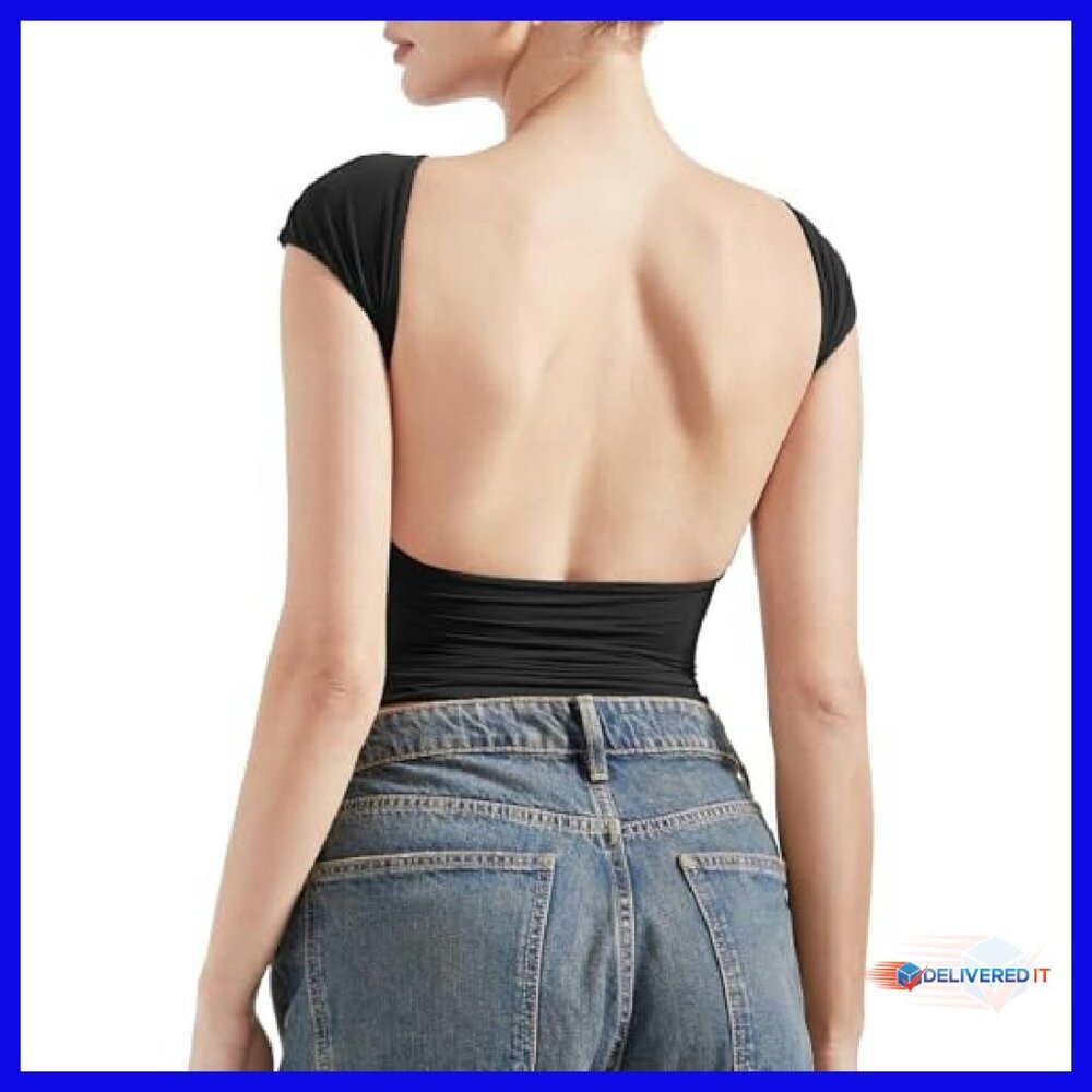 Double Lined Backless Crop Top Y2K Basic Tee Slim… - image 2
